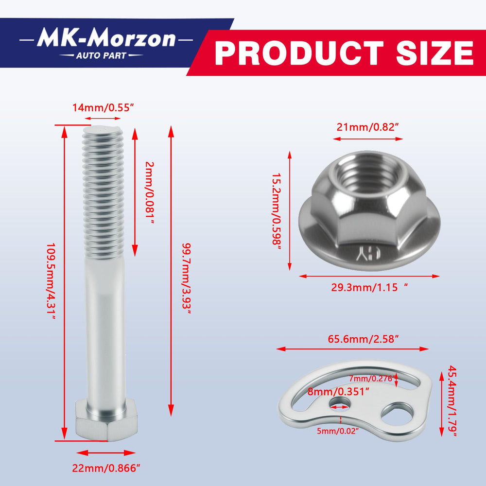 MK-Morzon cam bolts installed on vehicle suspension demonstrating correct fitment