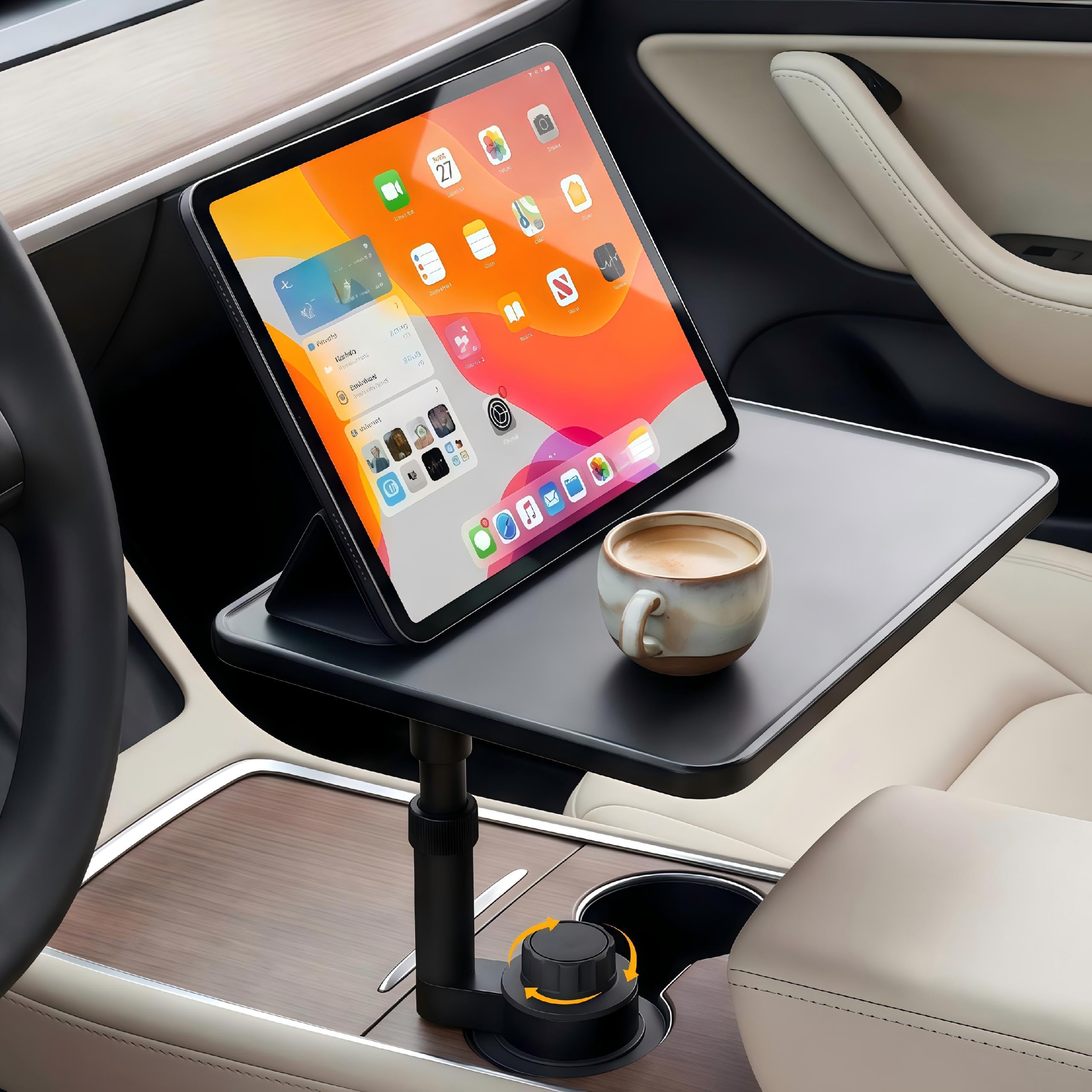 MLTXPGCN front view of car desk showing stable tray and cup holder mount benefit: portable workspace