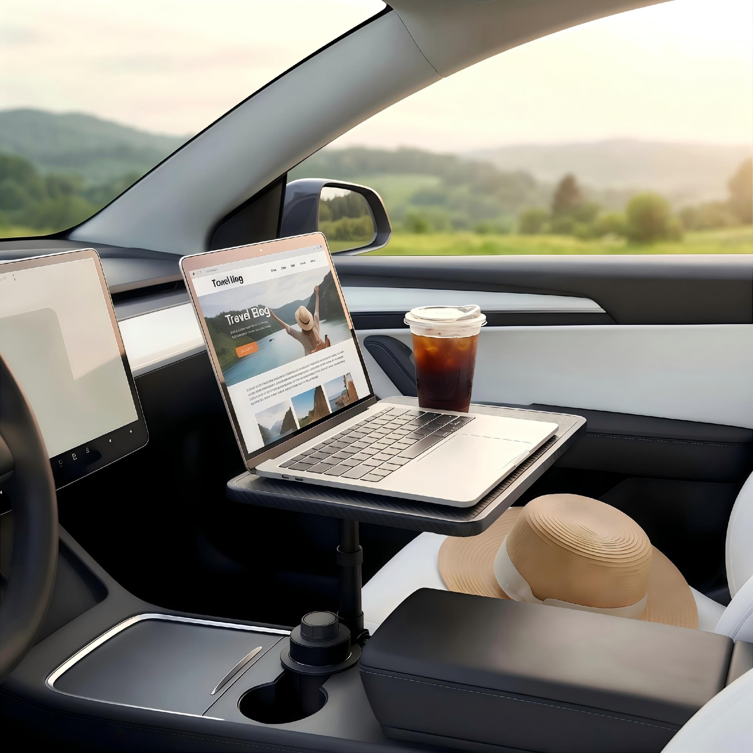 MLTXPGCN laptop in use on tray showing stable workspace while parked