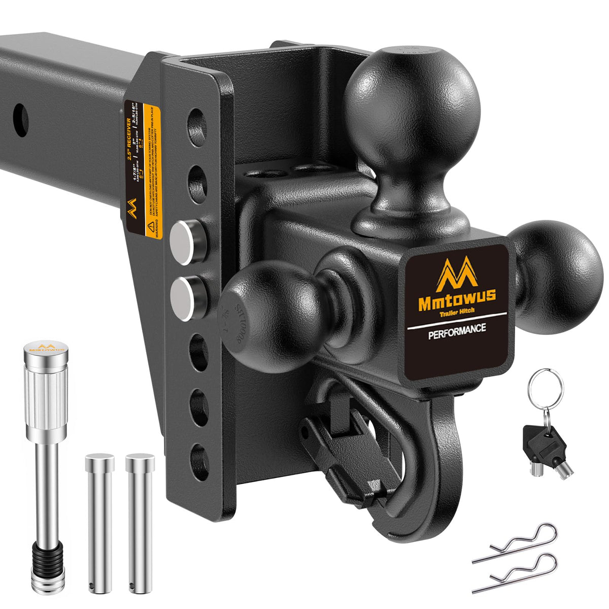 Mmtowus front view tri-ball hitch showing all three balls and receiver fit for versatile towing