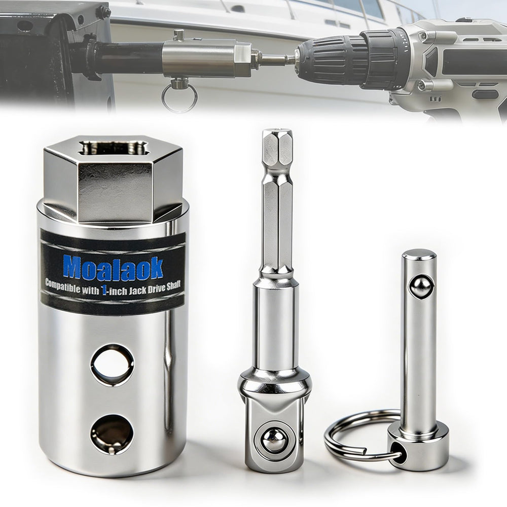 Moalaok front view adapter showing 1-inch drive fit and easy attachment benefit
