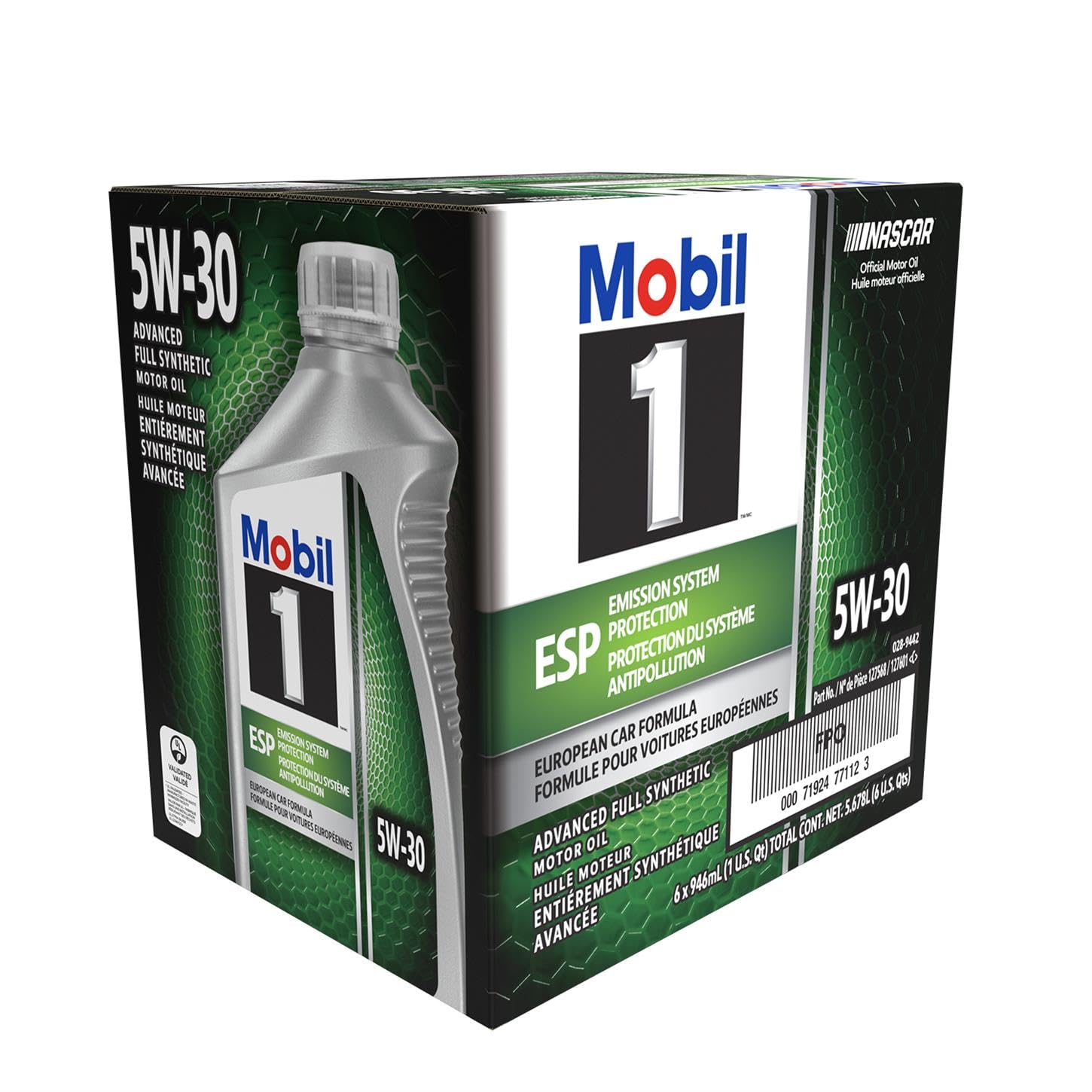 Mobil 1 front packaging showing product identity and convenient six-pack storage benefit