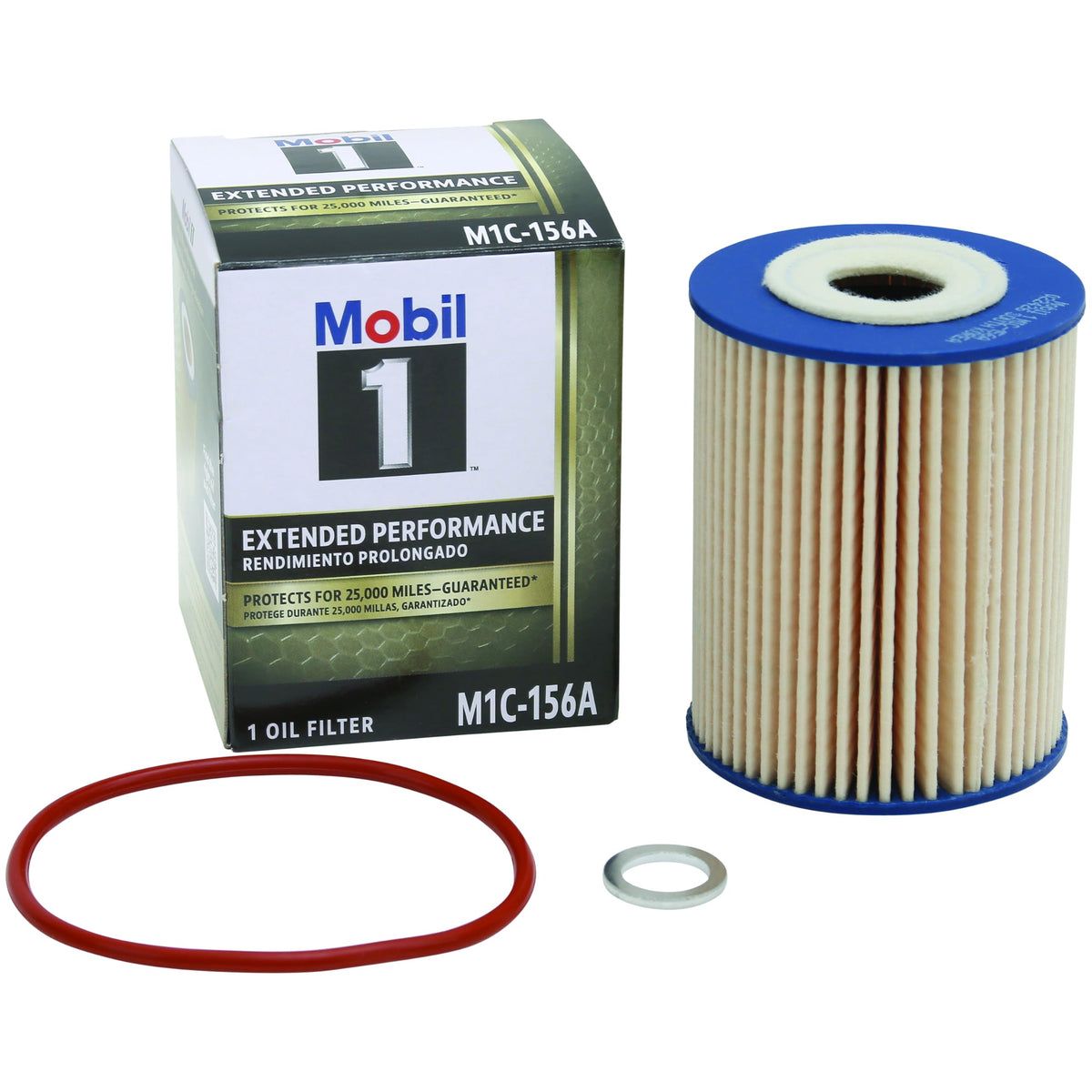 Mobil 1 front view showing filter design and label, highlighting durability