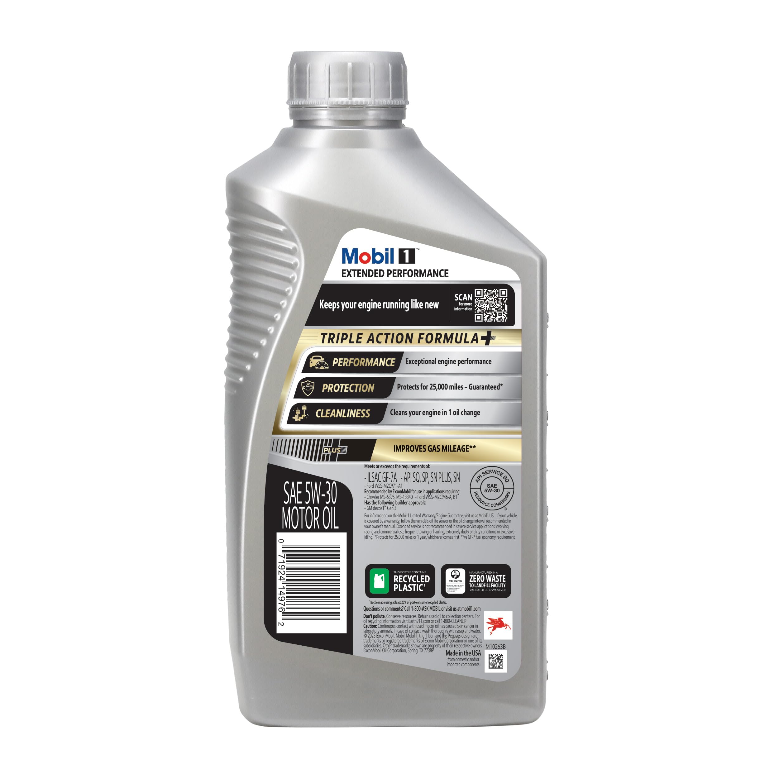 Mobil 1 label close-up on bottle, emphasizing specifications and clarity