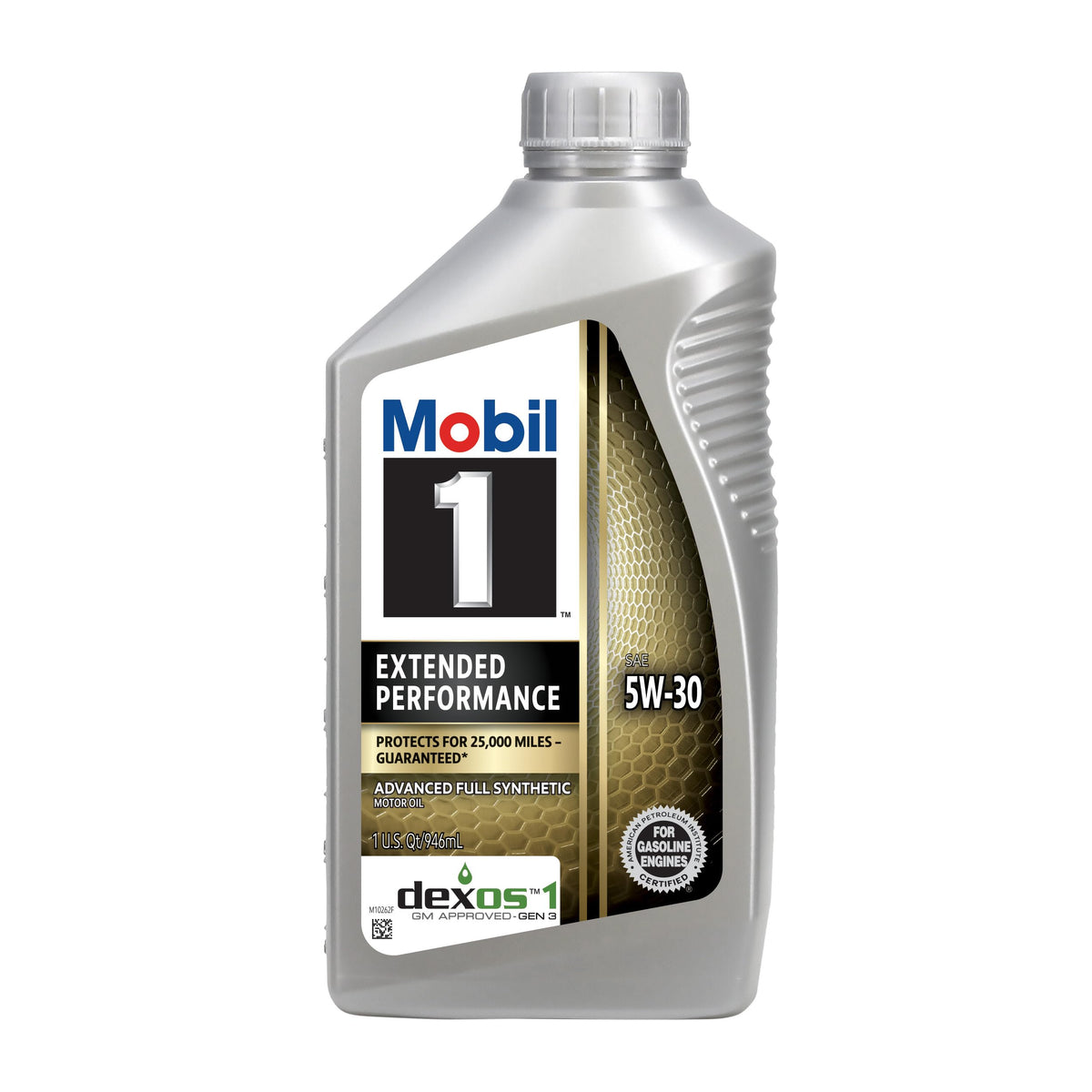 Mobil 1 front packaging showing 1 QT bottle and branding, highlights reliability