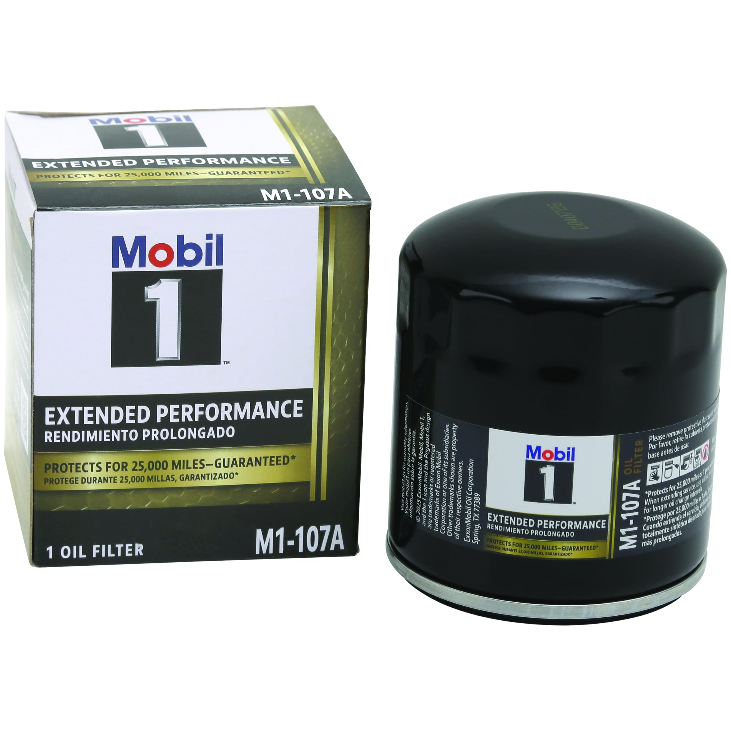 Mobil 1 side label detail showing model M1-107A and fitment information clearly