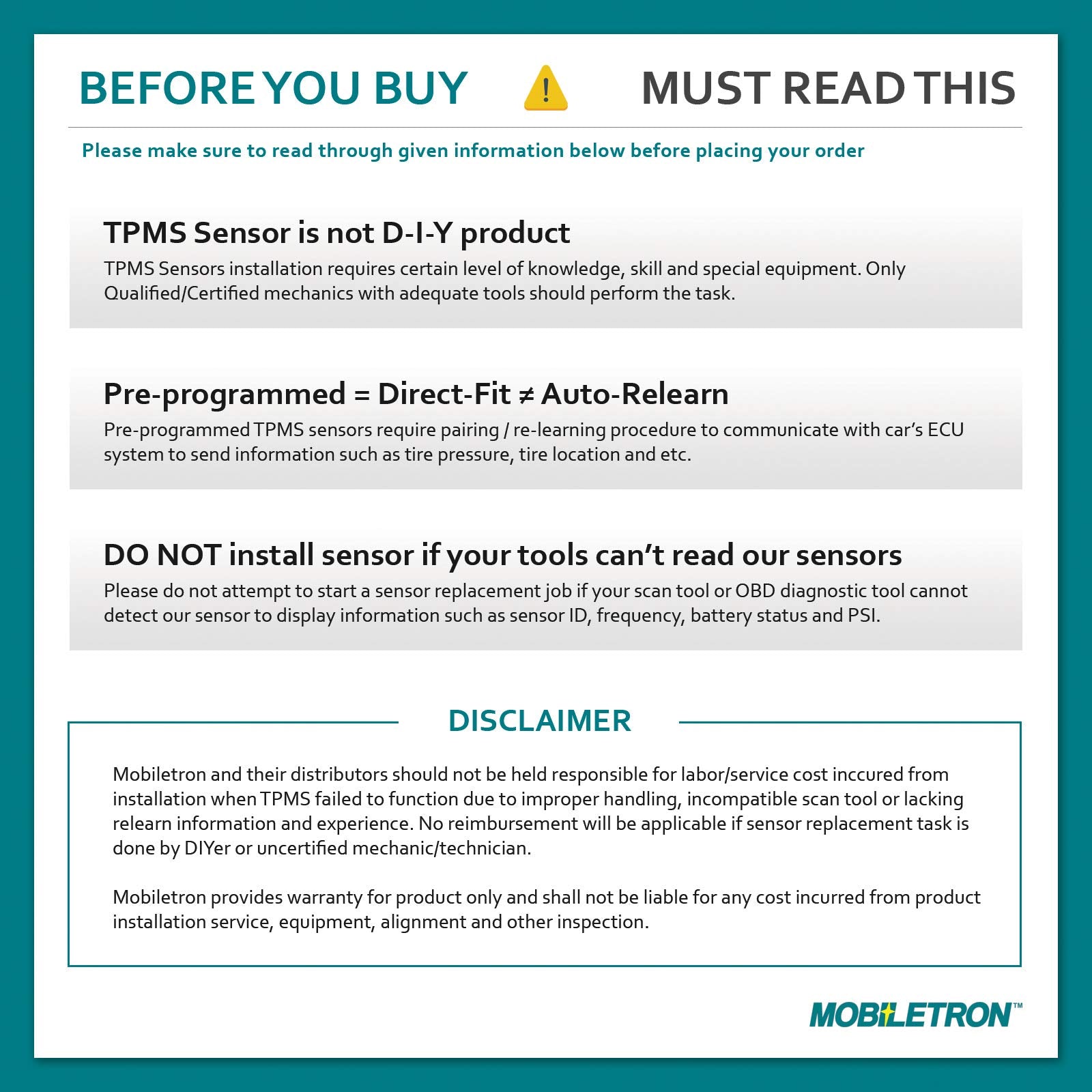 MOBILETRON MORESENSOR installed in garage during tire change illustrating straightforward replacement