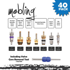 Mobling valve cores array displaying R12 and R134a cores for compatibility