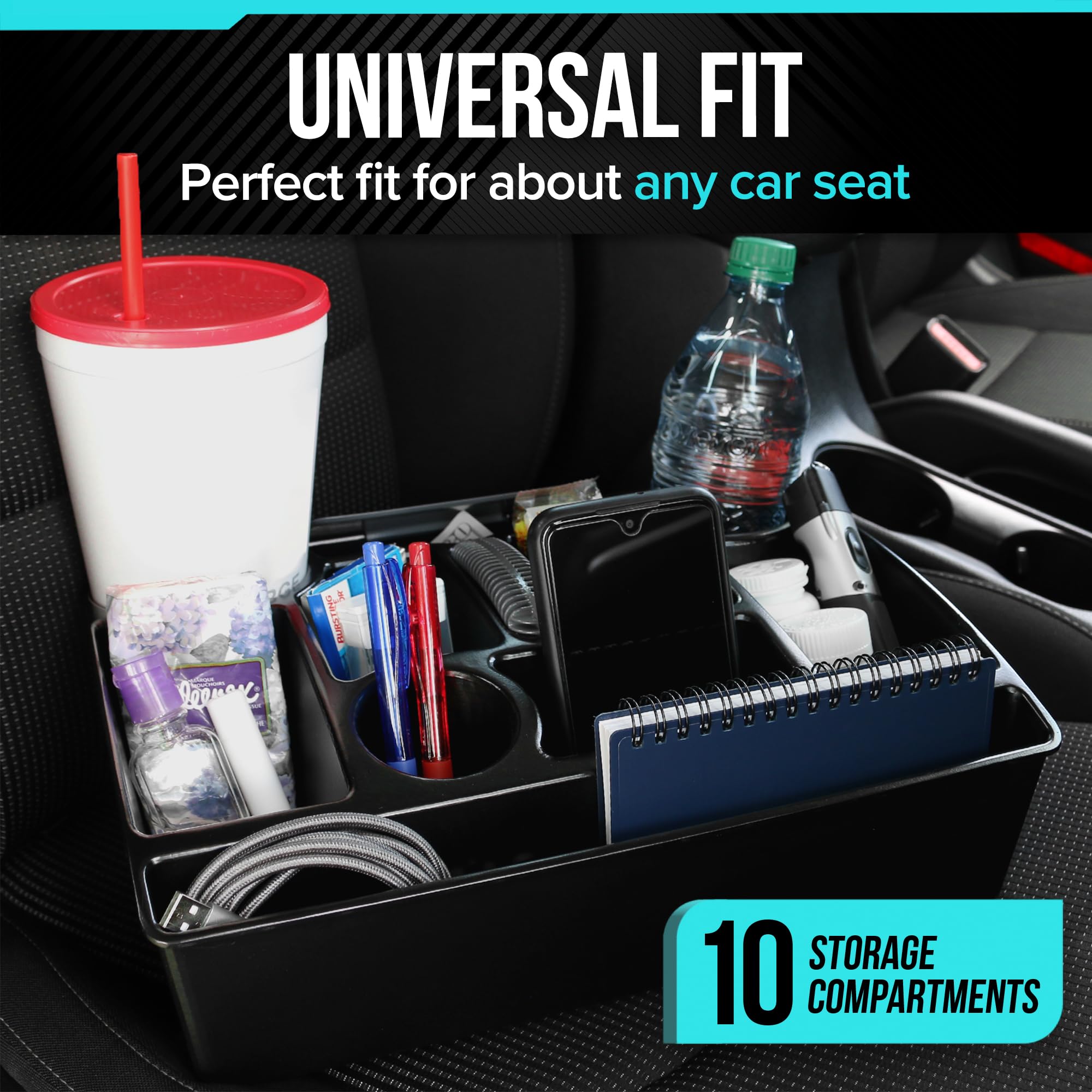 Moblorg installed on passenger seat offering easy reach and clean storage