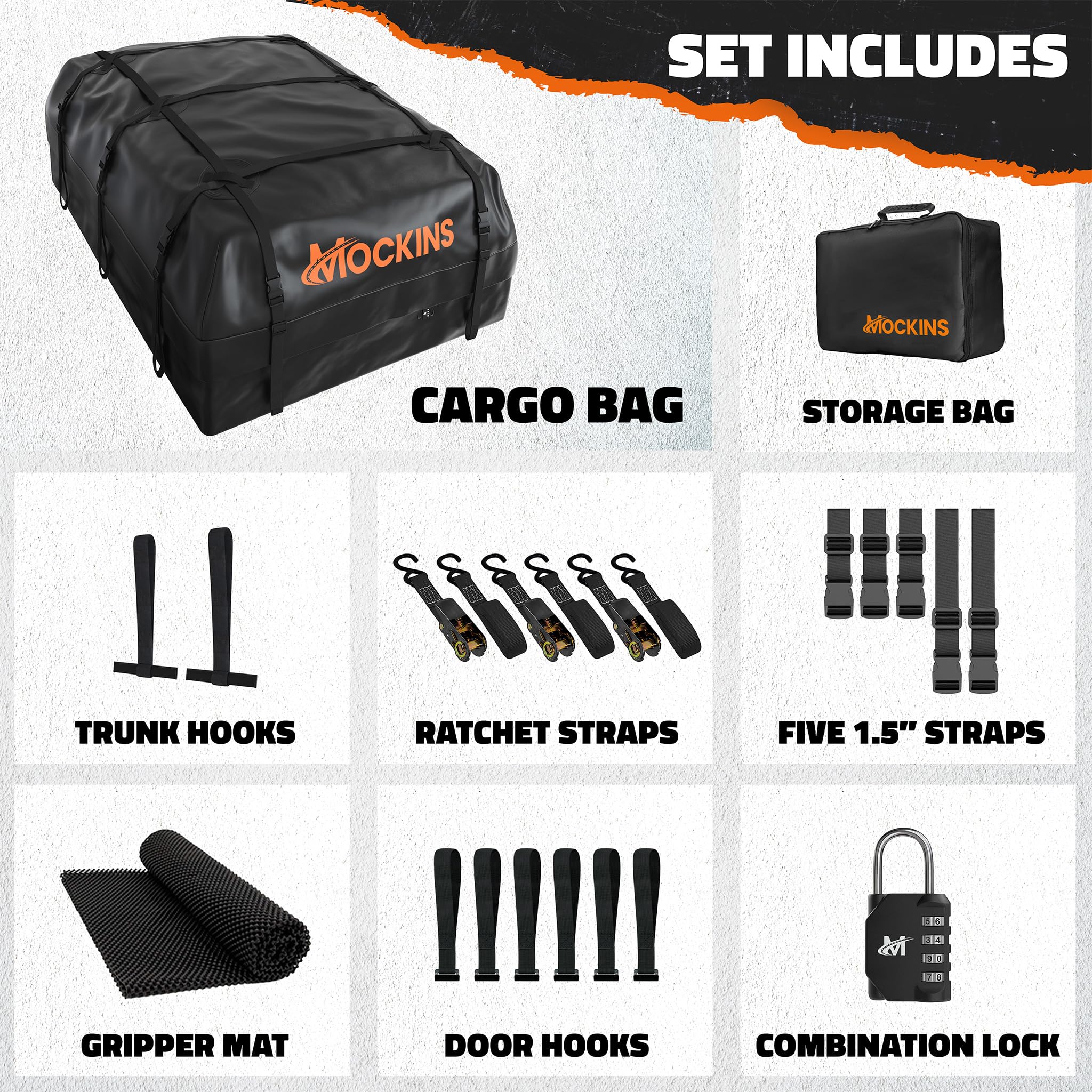 Mockins folded roof bag in carry bag for compact storage and transport
