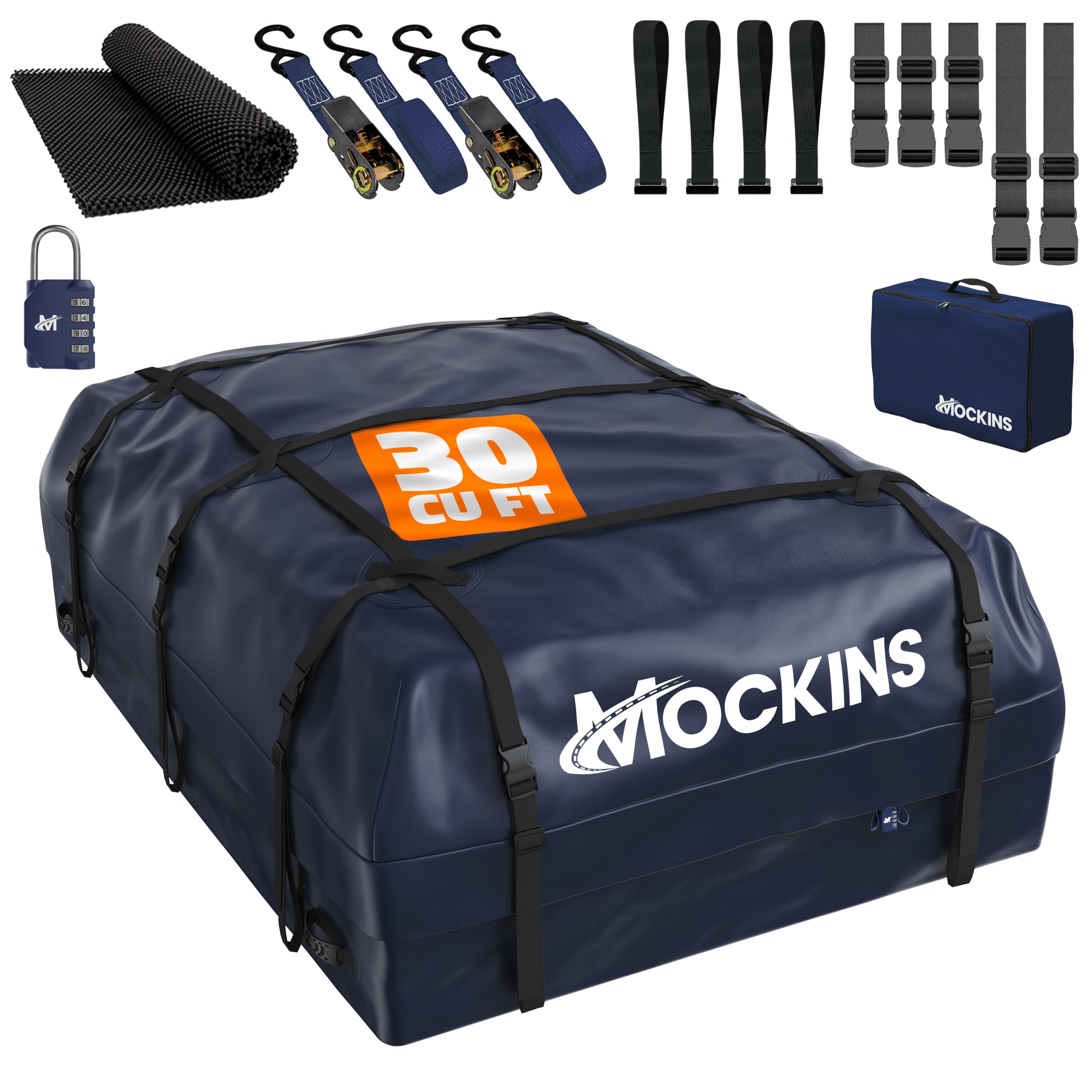 Mockins front view of navy rooftop bag showing capacity and aerodynamic shape