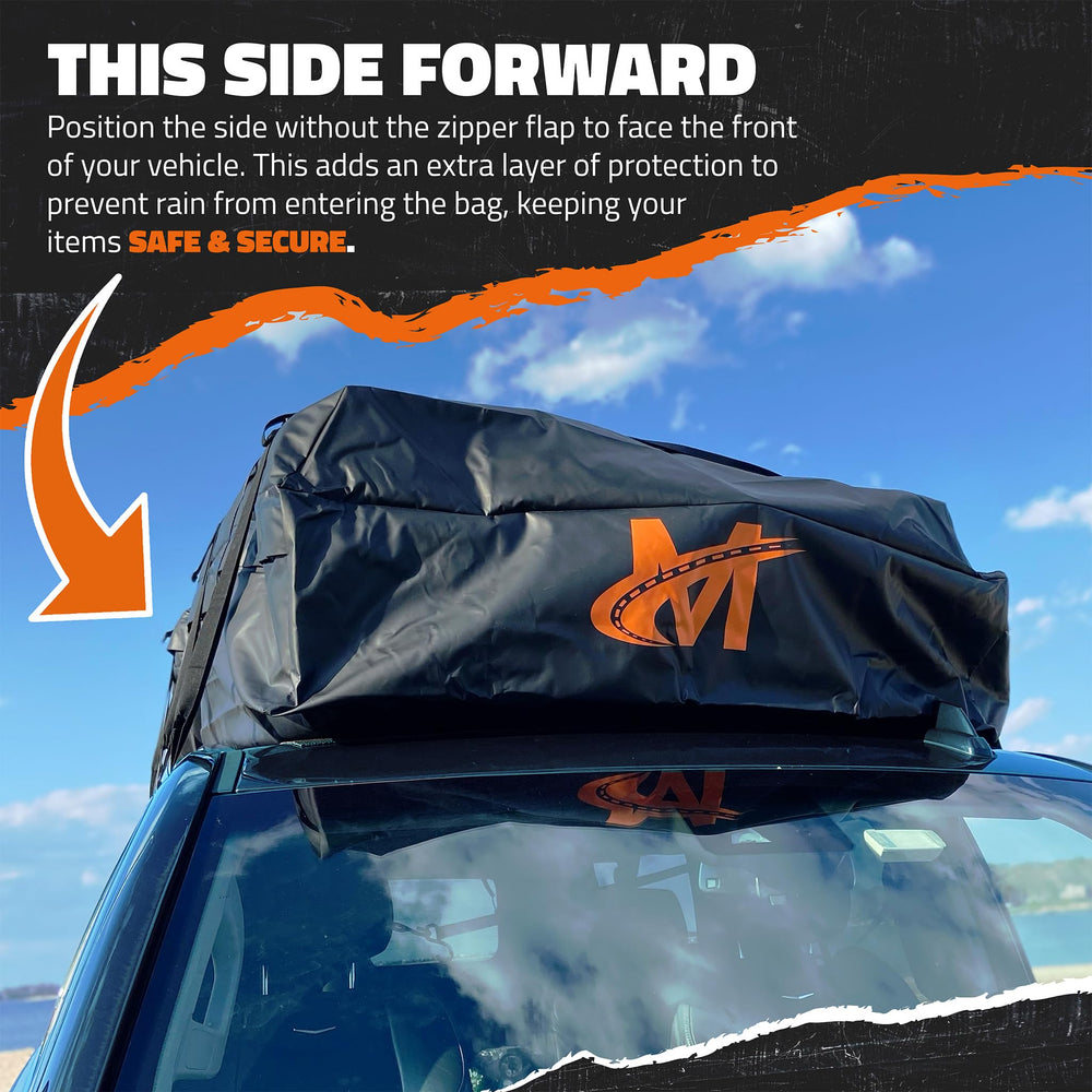 Mockins roof bag open while loading gear for easy packing access