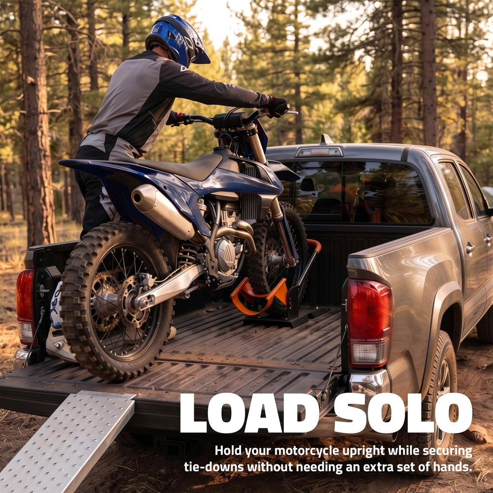 Mockins side profile with motorcycle installed demonstrating stable upright support