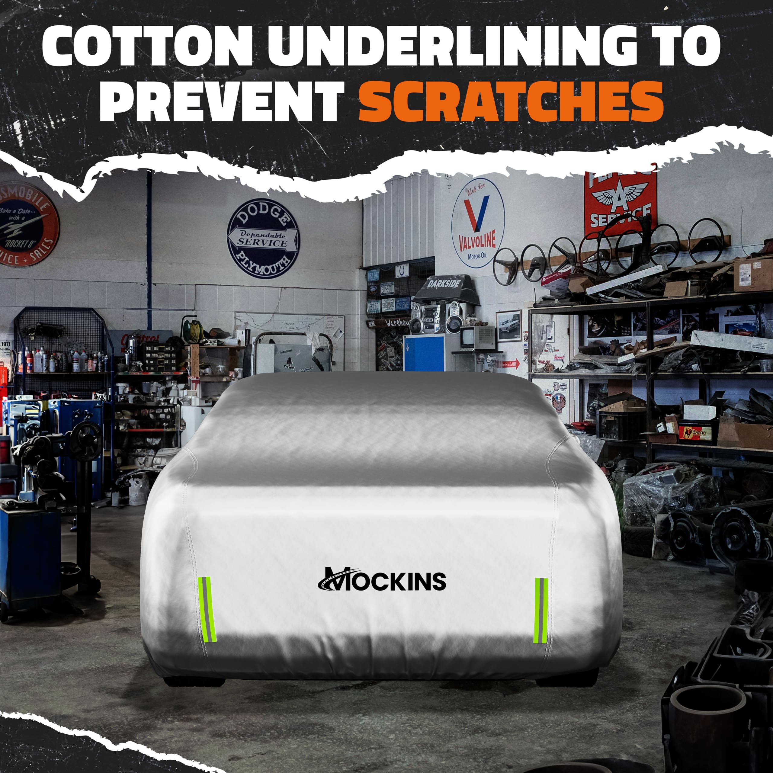 Mockins cover size comparison beside a sedan illustrating full coverage
