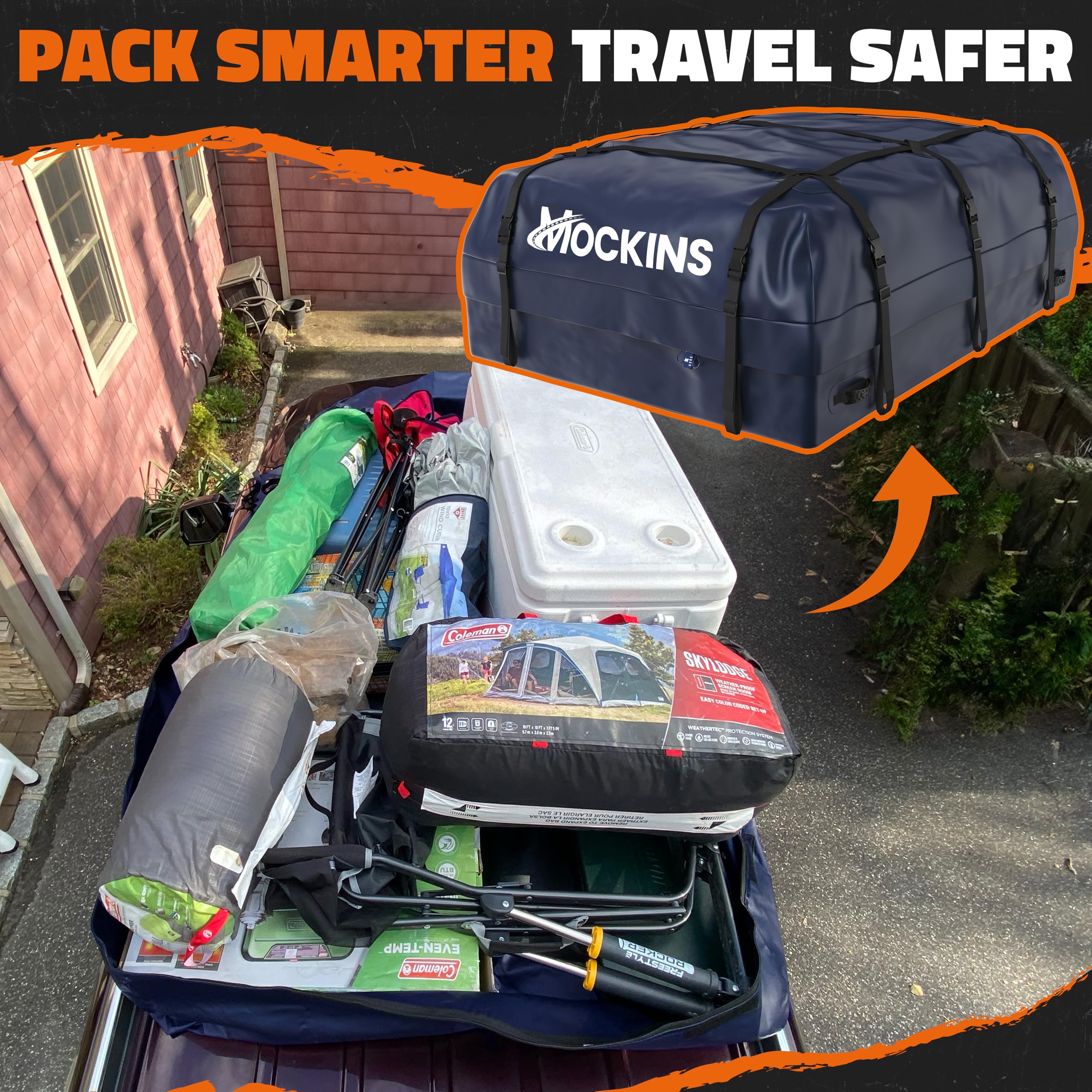 Mockins strap and door-hook attachment securing the bag without roof racks
