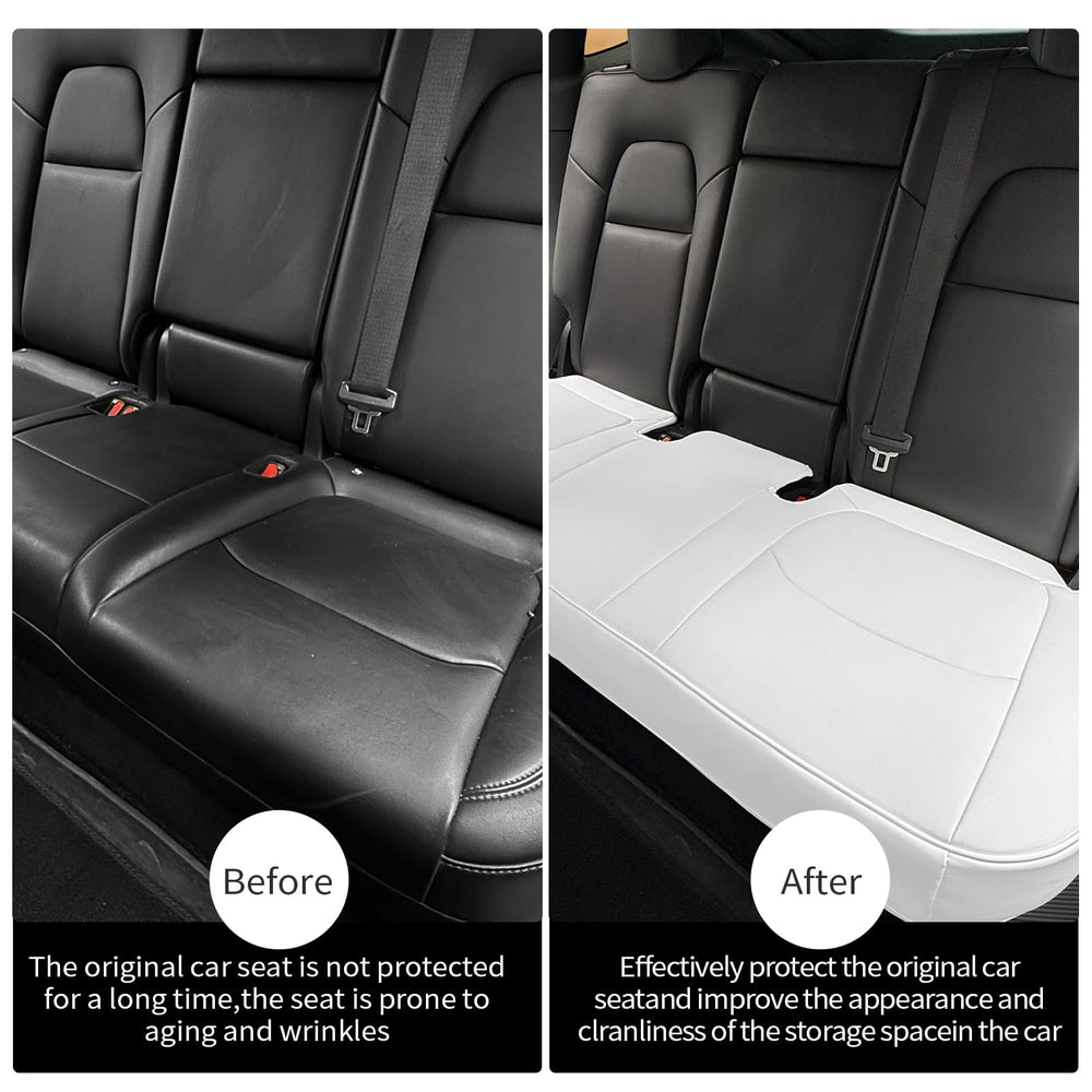 ModeIY rear seat cover installed in Tesla Model Y showcasing tailored fit