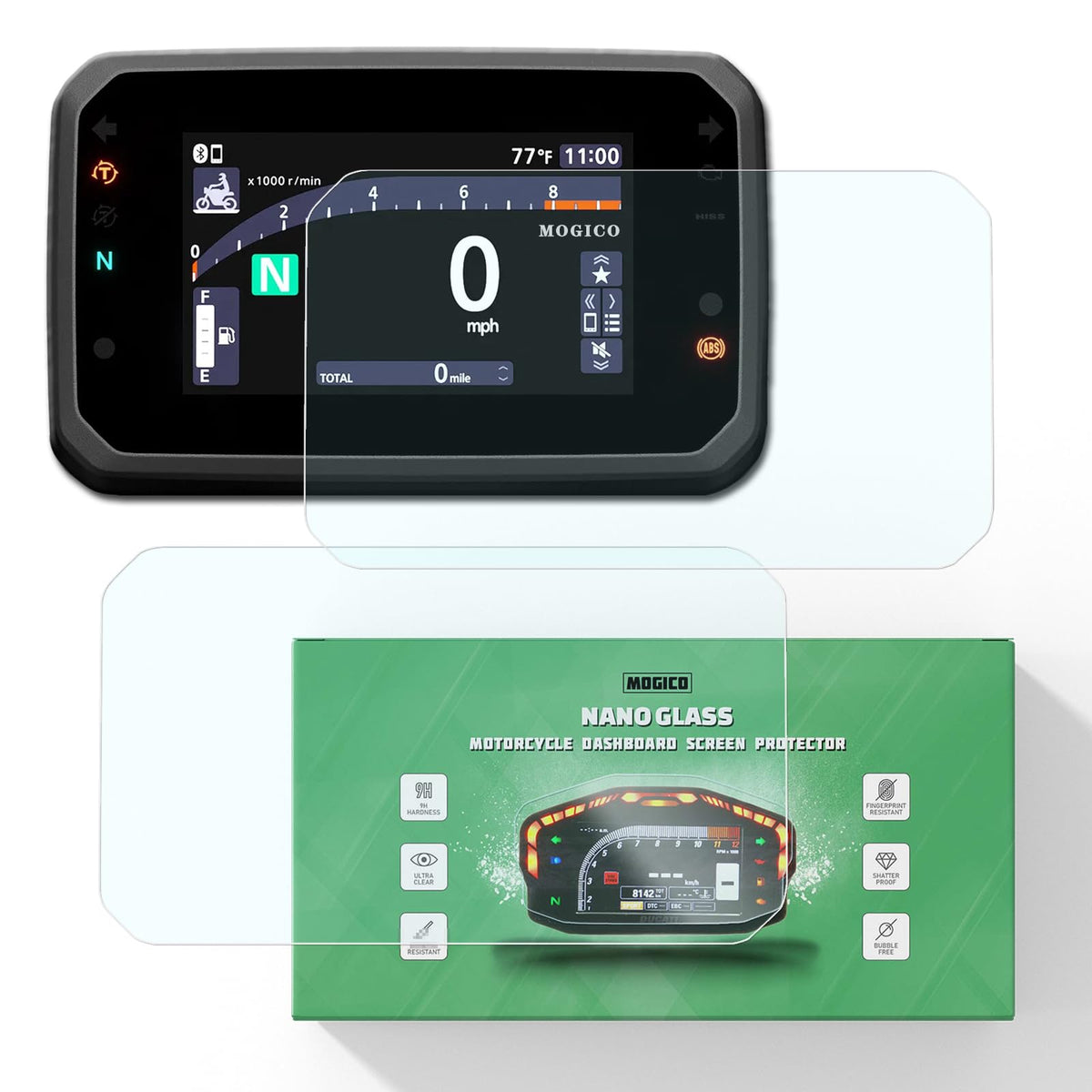 Mogico front packaging showing two ultra-clear protectors and benefits