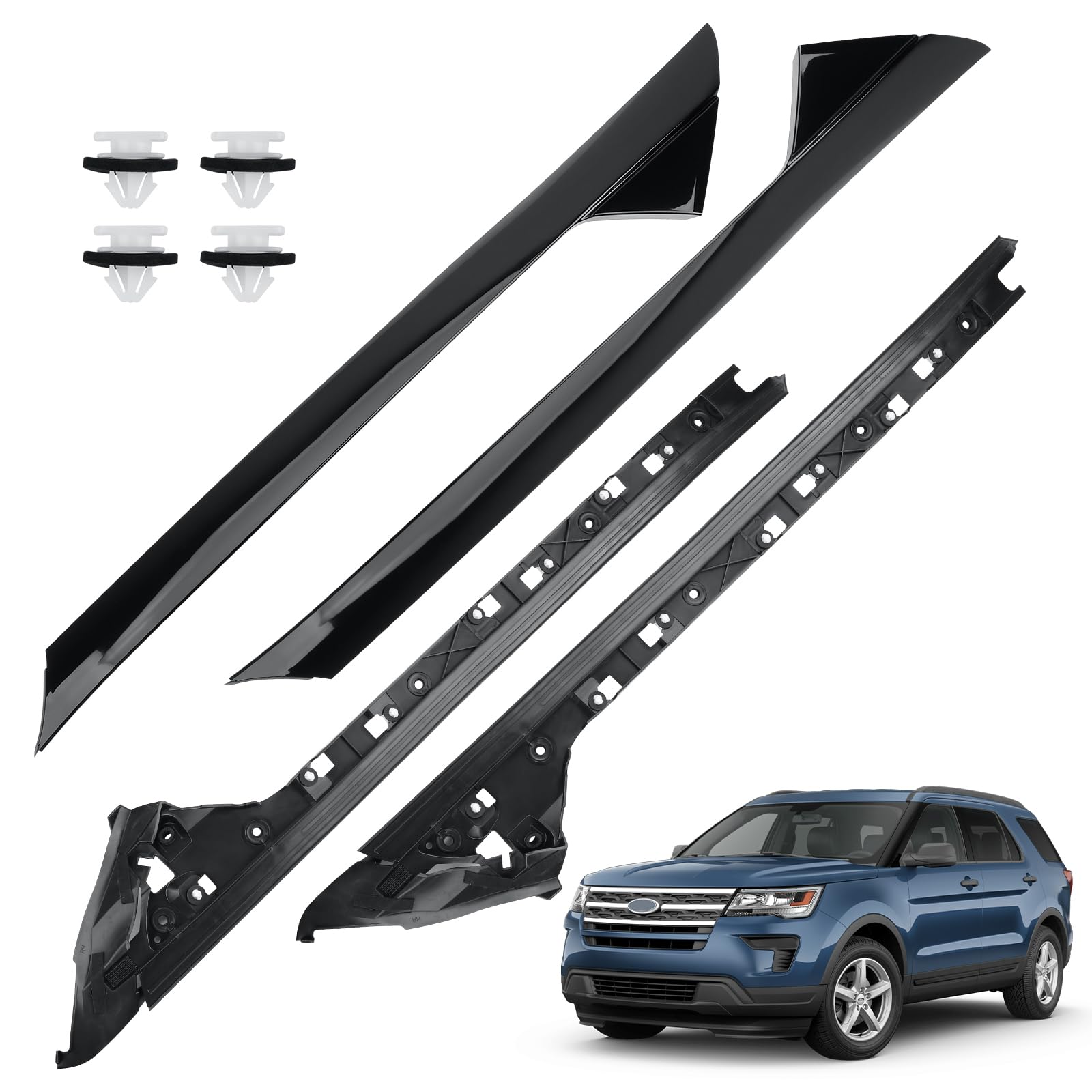 MOJIOO front packaging showing the 4-piece A-pillar trim kit and clean presentation benefit