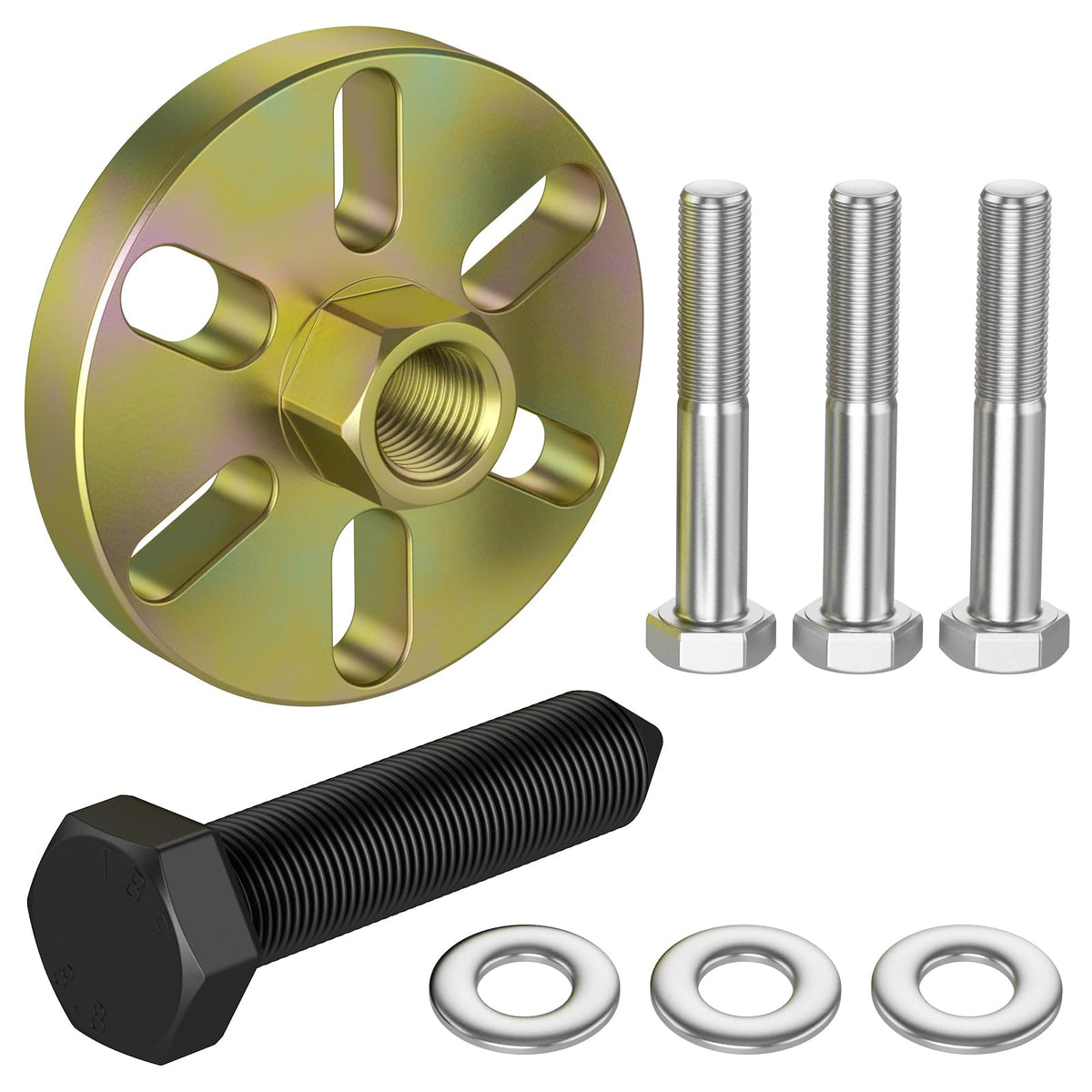 Moker puller front view showing 3-bolt pattern and durable finish for reliable removal