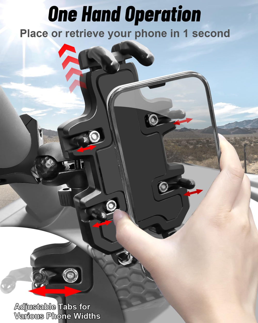 MOMI RAC GP holding phone in landscape mode for navigation and media viewing