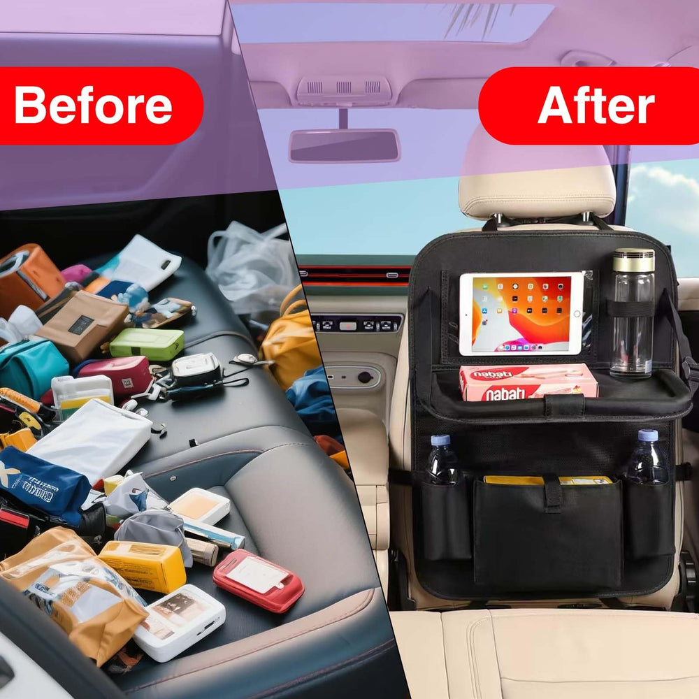 MONKONAR backseat organizer in use with child eating and drawing, reduces mess and distractions