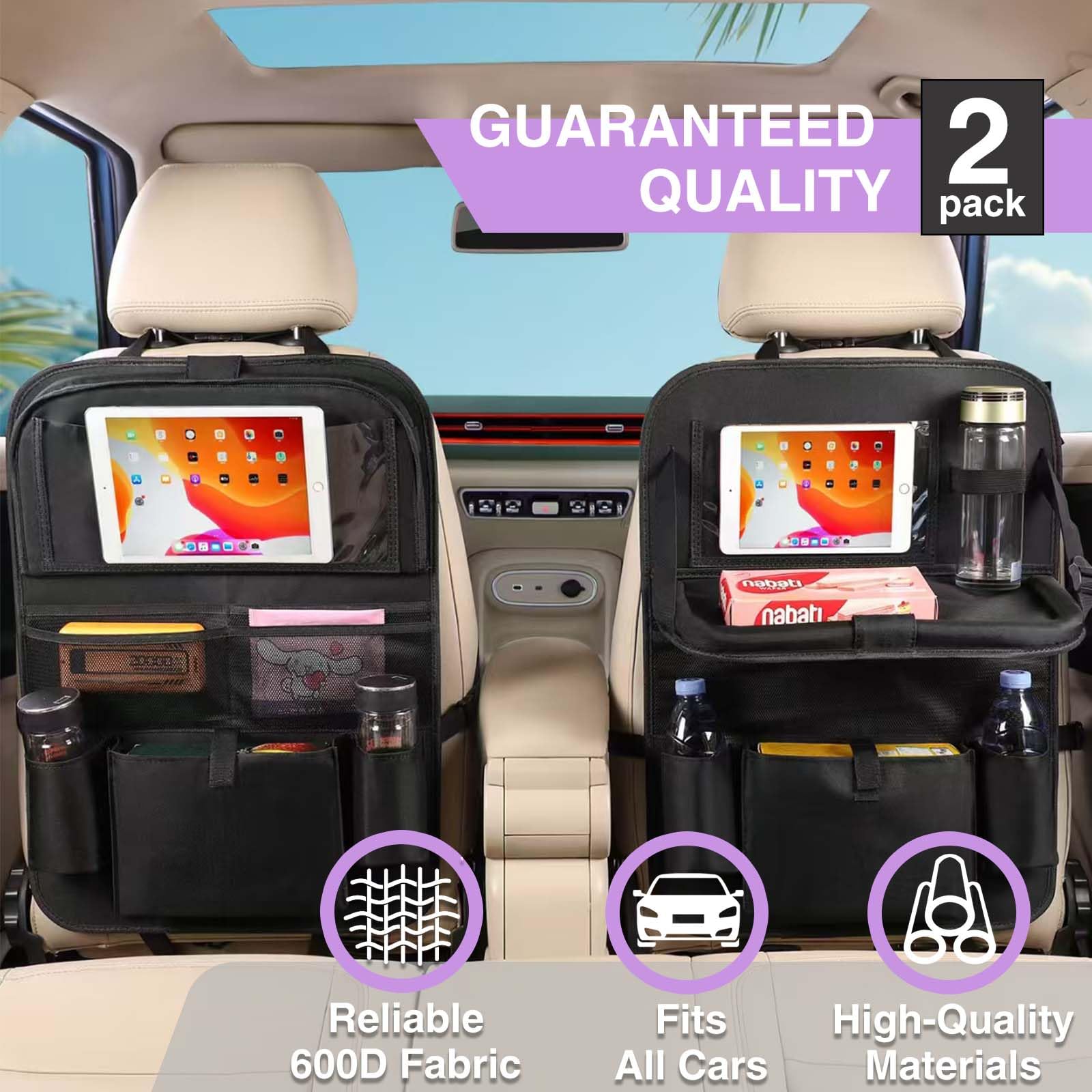 MONKONAR foldable table open on backseat organizer providing stable eating and activity surface