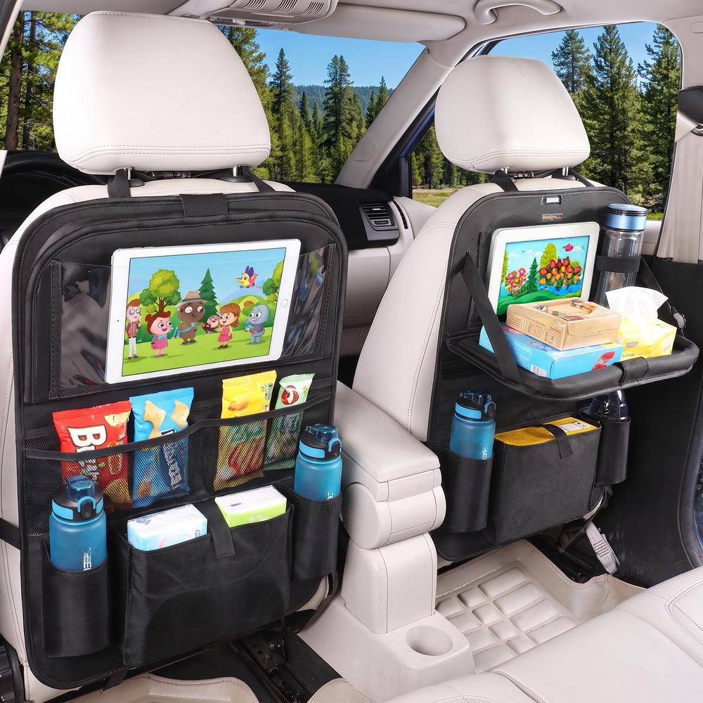 MONKONAR front view of the 2-pack backseat organizers showing straps and pockets, protects seats