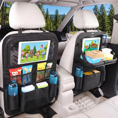 MONKONAR front view of the 2-pack backseat organizers showing straps and pockets, protects seats
