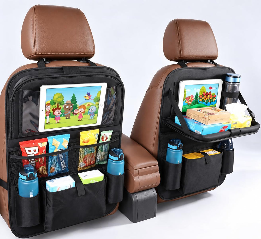 MONKONAR organizer next to car seat showing scale and full-coverage protection for seatback