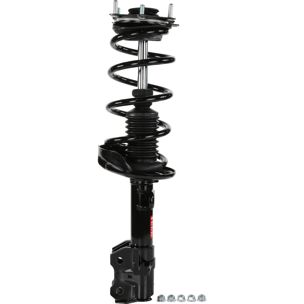 Monroe Quick-Strut upper mount close-up highlighting noise-reduction benefit and steering precision