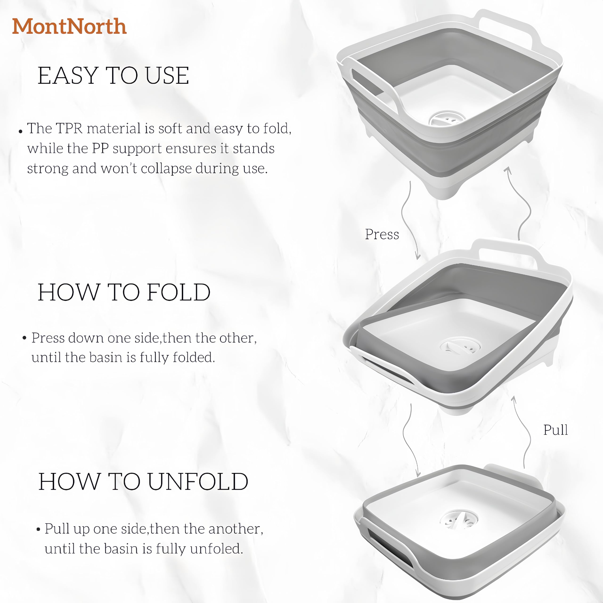 MontNorth basin folded flat to 2.7 inches for space saving storage benefit