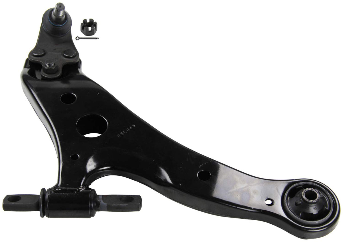 MOOG front right control arm front view showing robust construction and improved handling