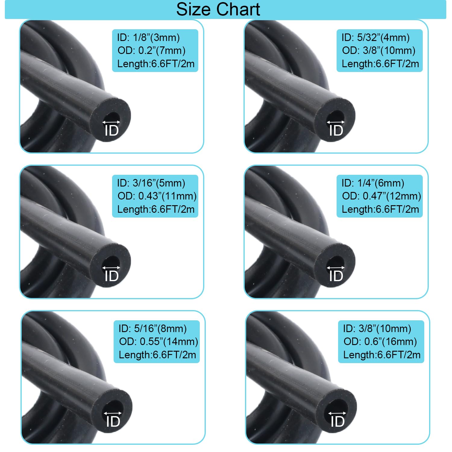MooiYrs laid out hoses showing six sizes and lengths for correct selection
