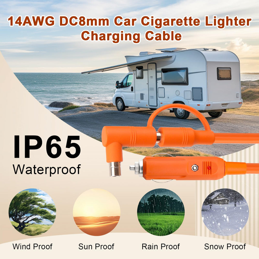 MOOKEERF cable connected to Jackery at an RV campsite demonstrating outdoor use