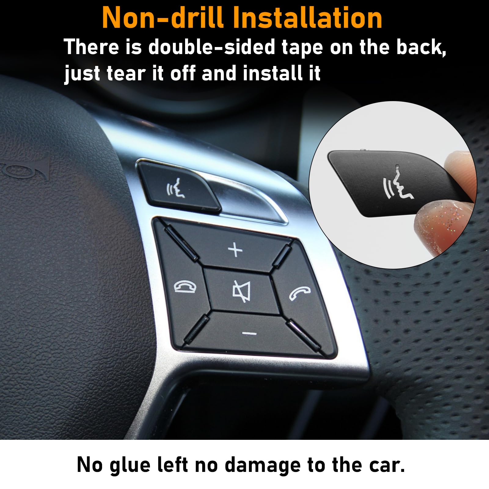 Moonlinks before and after photos of steering wheel buttons showing scratch concealment benefit