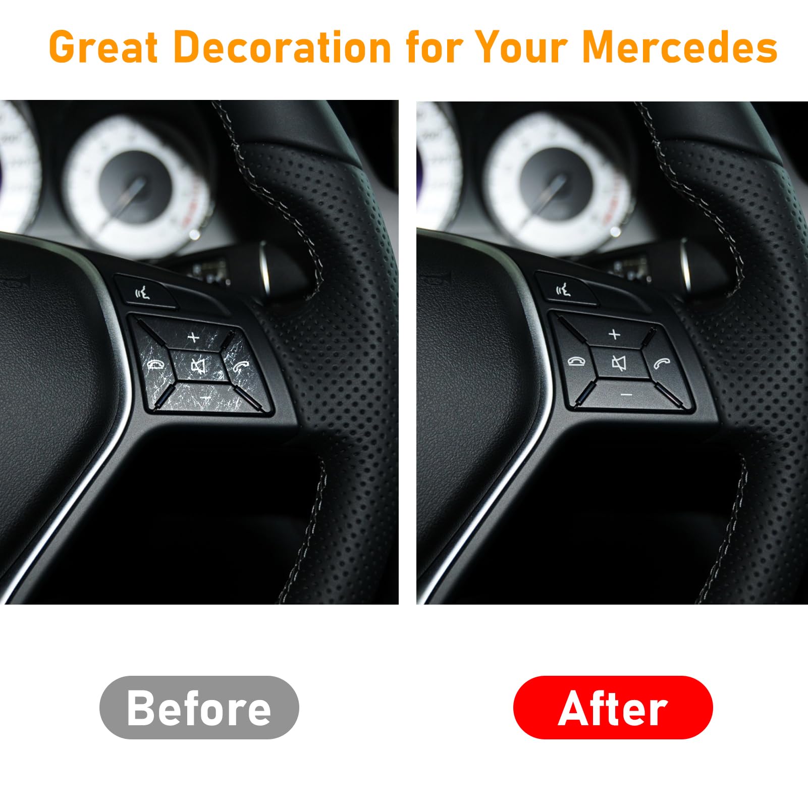 Moonlinks installed on Mercedes steering wheel front view demonstrating improved look and preserved function