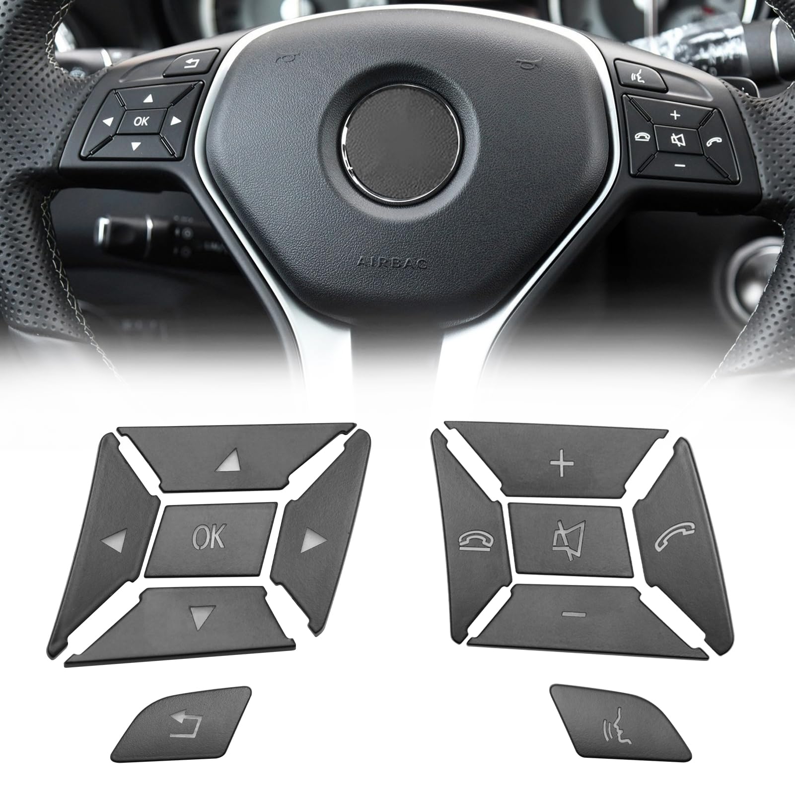 Moonlinks front packaging showing Mercedes button sticker kit and model list benefit: quick interior refresh