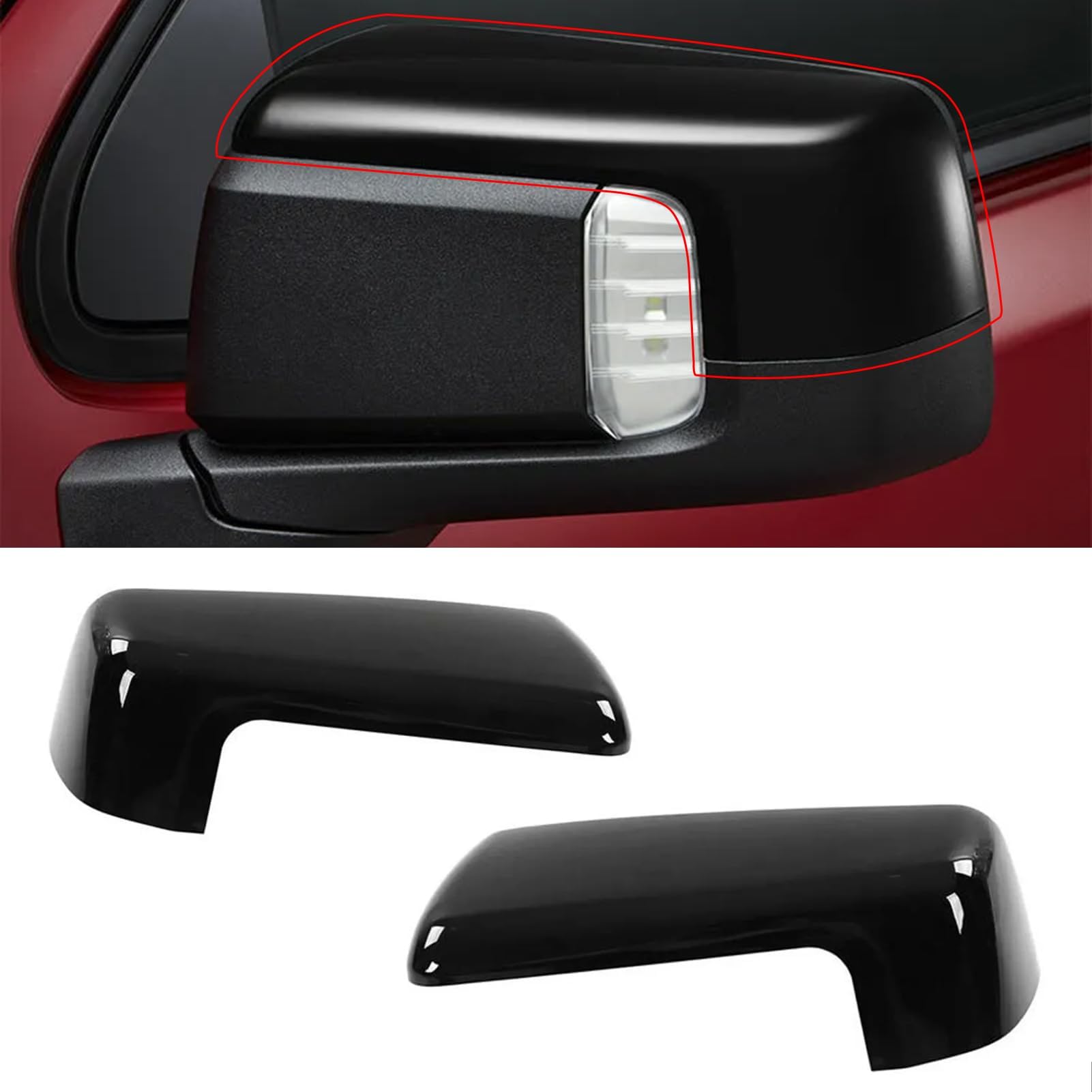 Moonlinks front view mirror covers showing glossy black finish and ready-to-install benefit