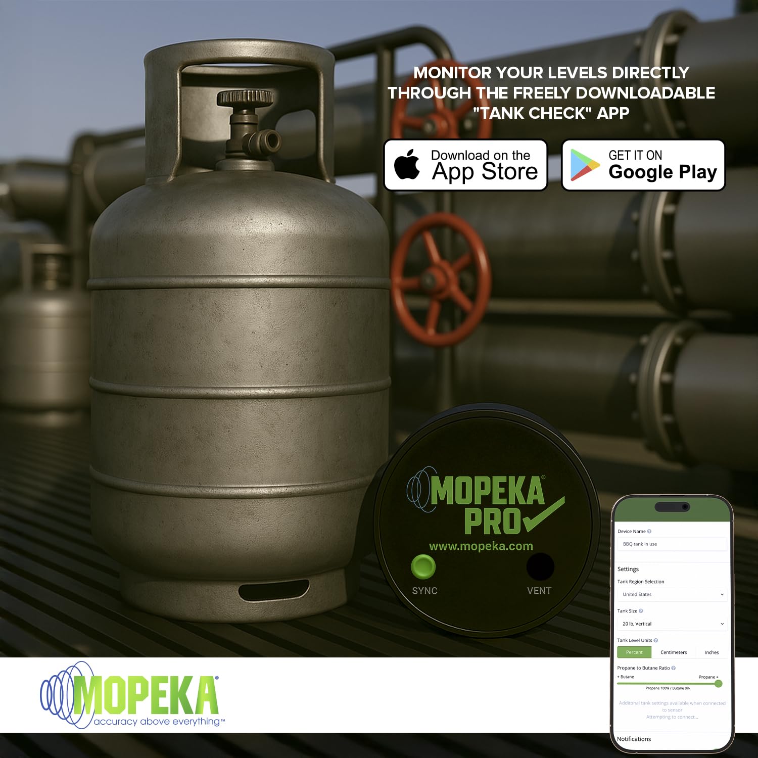 mopeka installed on a vertical aluminum cylinder, shows orientation versatility