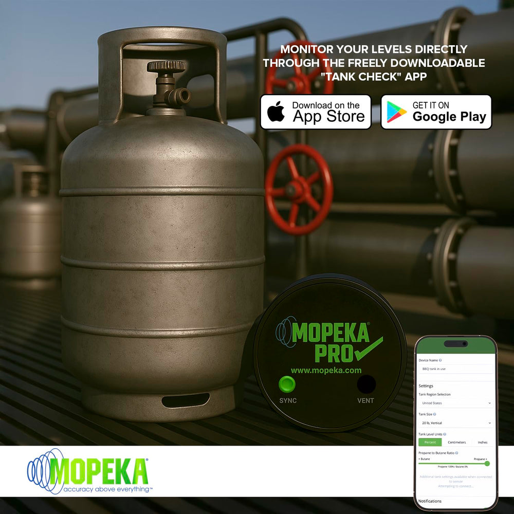 mopeka installed on a vertical aluminum cylinder, shows orientation versatility