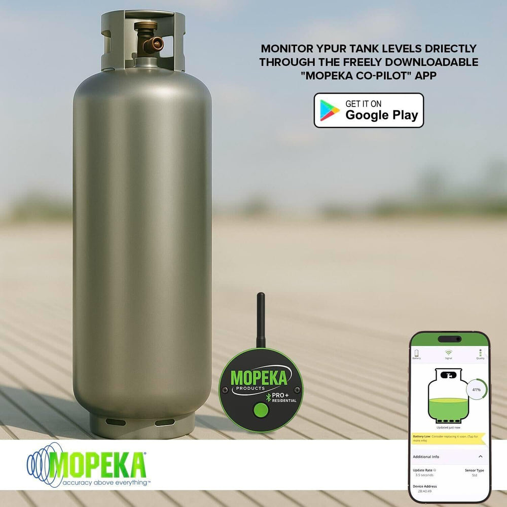 Mopeka Co-Pilot app on phone paired with Mopeka PRO+ giving real-time tank level alerts