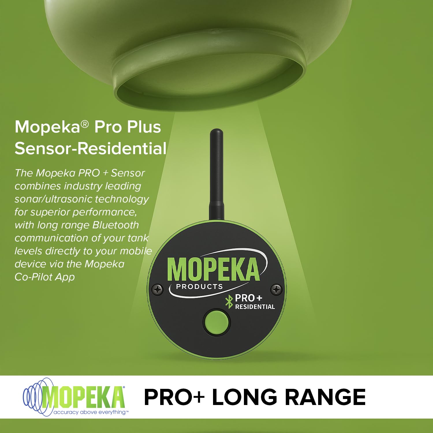 Mopeka PRO+ close-up of ultrasonic sensor face demonstrating precise sonar measurement capability