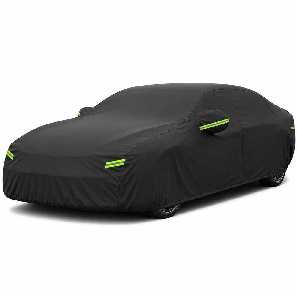Morhept front packaging view showing all-season car cover and included straps for easy storage