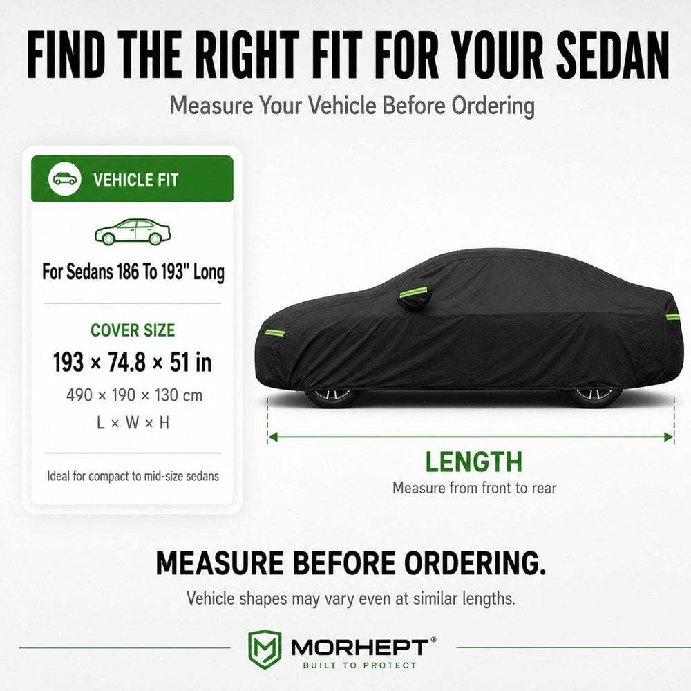 Morhept full car cover on a sedan front-angle demonstrating complete weather protection