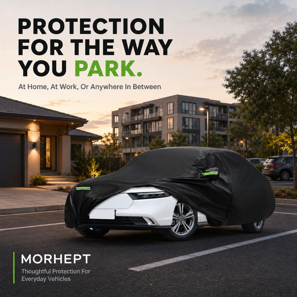 Morhept lifestyle scene driveway protection keeping a parked car clean from debris