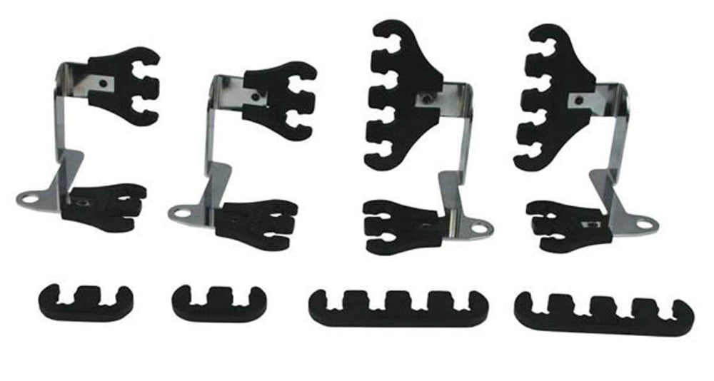 Moroso 72174 kit laid out showing black looms and chrome brackets for neat routing