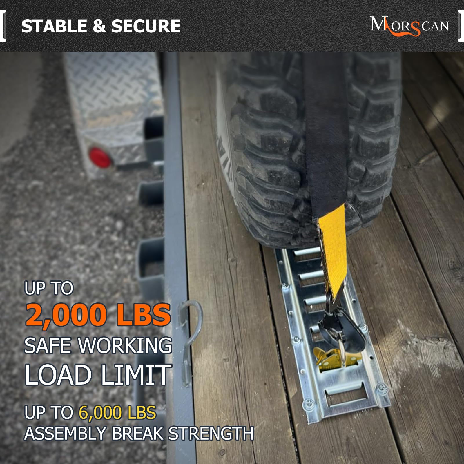 MorScan anchor with ratchet strap attached illustrating secure load anchoring for cargo safety