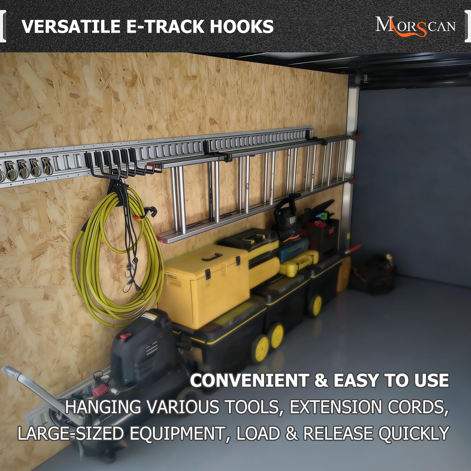 MorScan hook mounted on E-Track rail demonstrating quick, secure attachment