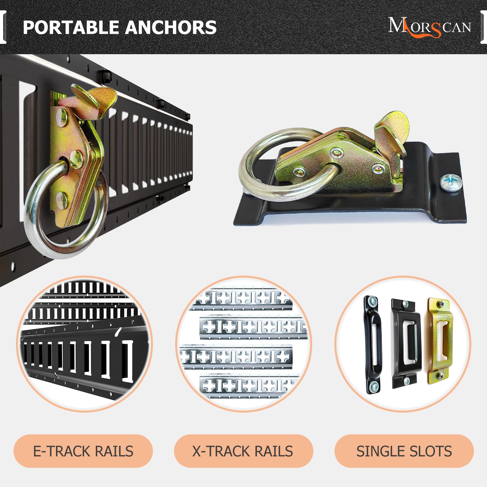 MorScan anchor locked into E-track rail demonstrating fast tool-free installation benefit