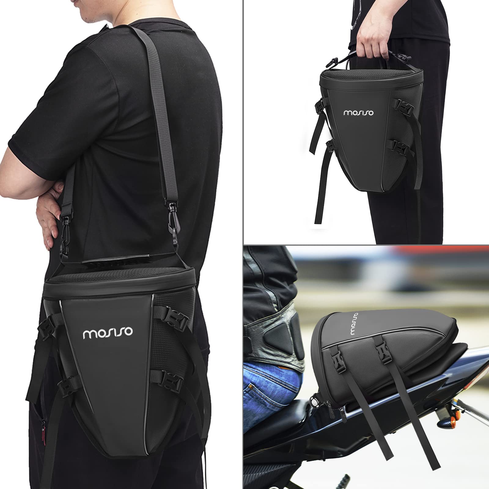 MOSISO mounted on motorcycle demonstrating stable rear-seat attachment